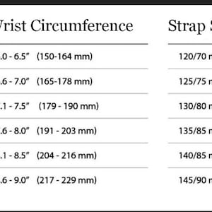 May include: A chart showing wrist circumference in inches and millimeters, and corresponding strap size in millimeters.  The chart shows six different wrist sizes, ranging from 6.0-6.5 inches to 8.6-9.0 inches.