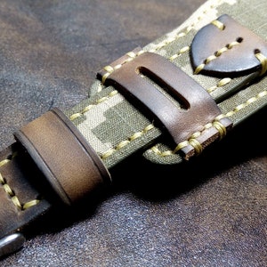 Ремешок-манжета для часов из винтажной кожи и холста ручной работы (20, 22, 24 мм)