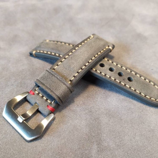 20,22,24,26mm.Leather WATCH STRAP handmade VINTAGE.Gray color.Padded.Breitling style.