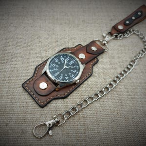 Leather Watch Saddle: Dark Brown Pocket Watch Holder with Chain
