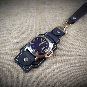 Navy Leather Watch Saddle: Pocket Watch Fob with Carabiner
