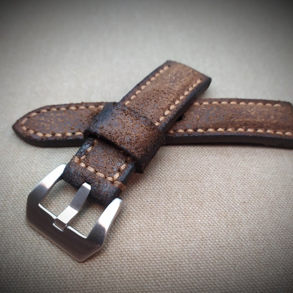 20/22/24/26mm. Leather WATCH STRAP handmade VINTAGE military style.Pam.Dark brown.