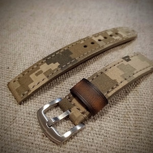 Handmade Vintage Canvas Camo Watch Strap: Italian Leather, Military Style