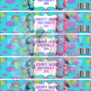 May include: Five printable water bottle labels featuring characters from the movie Monsters Inc. The labels are blue, purple, and green with white polka dots and a banner that says "Happy 3rd Birthday Joi".
