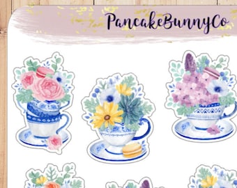 Blue Teacup with flowers stickers