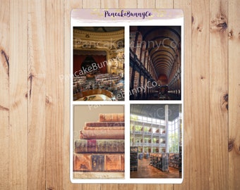 May include: A sticker sheet featuring four images of libraries and books. The top left image shows a library interior with many people. The top right image shows a long library hallway. The bottom left image shows a stack of old books. The bottom right image shows a modern library.