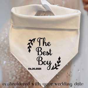 The Best Boy embroidered on White or Tan fabric, dog bib for wedding,dog groom,wedding photo prop dog scarf,cream wedding dog