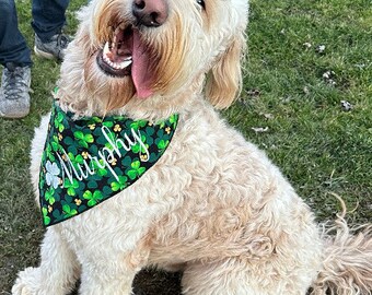 St Patricks day dog bandana,Embroidered reversible,personalized dog bandana,green plaid with white embroidered pets name,custom Irish bib