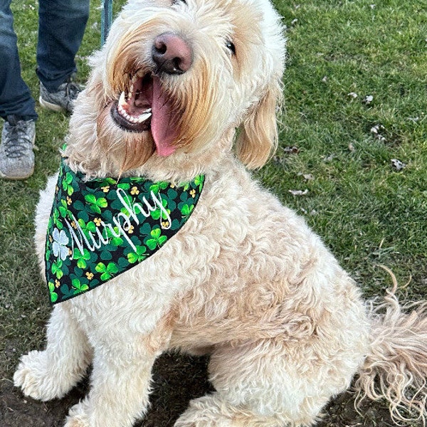 St Patricks day dog bandana,Embroidered reversible,personalized dog bandana,green plaid with white embroidered pets name,custom Irish bib