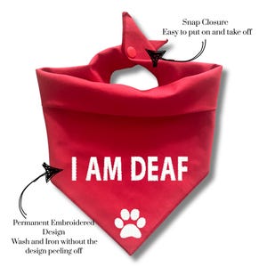 I AM DEAF Dog Bandana: Red Embroidered Alert Bib