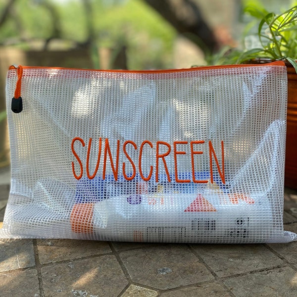 SUNSCREEN  zipper pouch Large 13”x 9” | Summer bag | Pool Party Bag | Embroidered Custom Bag |Travel sunscreen Bag, Vacation organization
