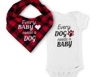 Pregnancy Announcement Gift: Buffalo Check Dog Bandana & Gerber Onesie Set