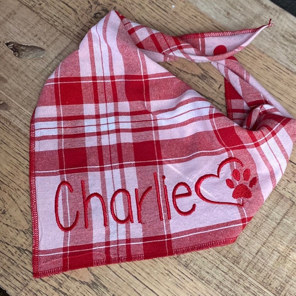 Valentines day dog bandana,Embroidered reversible,personalized dog bandana,red plaid with your choice embroidered pets name,custom dog bib