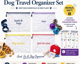 Dog Travel Organizer Bags Set, Dog Vinyl Zipper Pouches, Leash Bag, Dog Treat Bag, Pet Toy Storage, Gift for Dog Lovers, New Puppy Gifts