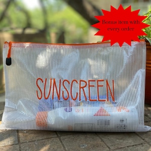 SUNSCREEN  zipper pouch Large 13”x 9” | Summer bag | Pool Party Bag | Embroidered Custom Bag |Travel sunscreen Bag, Vacation organization
