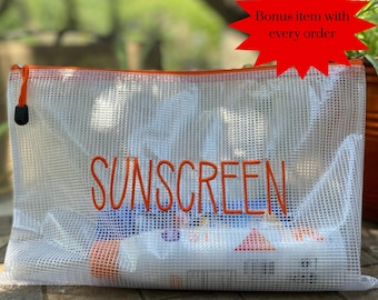 SUNSCREEN  zipper pouch Large 13”x 9” | Summer bag | Pool Party Bag | Embroidered Custom Bag |Travel sunscreen Bag, Vacation organization