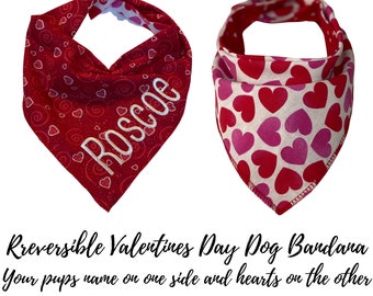 Valentines Day dog bandana,Embroidered Valentines reversible,personalized dog bandana,red with hearts and dogs name,Valentines dog bib