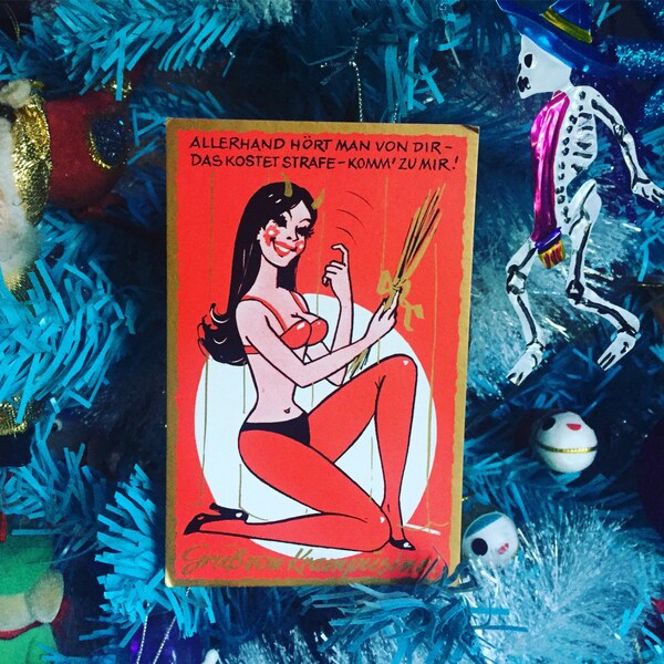 Vintage unused 1960's sexy naughty lady krampus devil German Christmas postcard