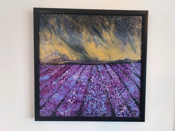 Framed Landscape Impressionist original painting "Field of Lavender Night Sky"