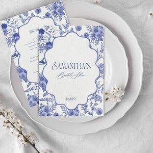 Bridal Shower Garden Menu with personalised cover | Printable royal blue floral botanical pattern | Vintage Bridal Shower | Toile de jouy