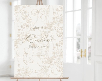 Letrero de bienvenida para baby shower en beige con diseño de jardín de flores de Toile de Jouy / Fondo con flores azules, oso y lazo / Plantilla imprimible