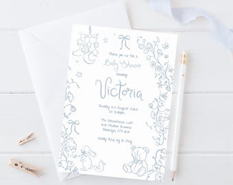 Plantilla de invitación para baby shower en azul polvoriento / Invitación editable con diseño de doodle / Descarga instantánea