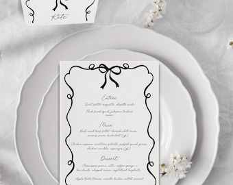Black and white bow and ribbon editable menu with matching placecards | Bridal Shower Menu and Name card | Template