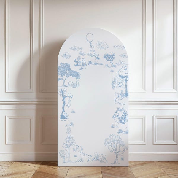 Hundred Acre Woods Pooh Bear Toile de Jouy Party Backdrop in blue | 4x8 Ft Instant Download | Kids Birthday & Baby Shower