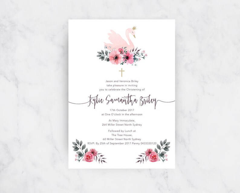 Swan Princess Floral Christening Invitation Christening Etsy