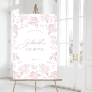 Signo de bienvenida del baby shower Toile de Jouy / Flores rosas y juguetes / Plantilla imprimible