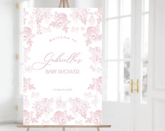 Toile de Jouy Baby Shower Willkommensschild | Rosa Blumen und Spielzeug | Druckbare Vorlage