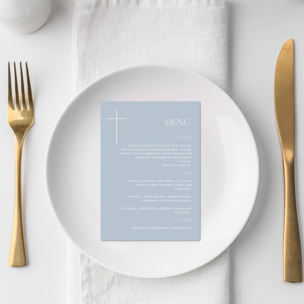 Modern dusty blue menu  | Baptism Menu