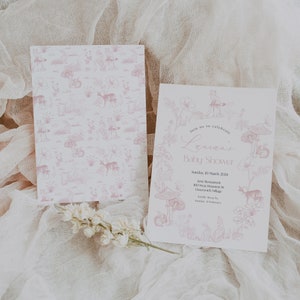 May include: A pink and white baby shower invitation with a woodland theme. The invitation features a delicate floral pattern with mushrooms, deer, and foxes. The text on the invitation reads "Join us to celebrate Laura's Baby Shower, Sunday, 10 March 2024, Line Restaurant, 100 West Houston St, Greenwich Village, Kindly RSVP by Sunday 03 February."