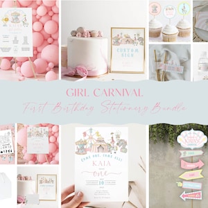 Paquete de papelería para primer cumpleaños de niña, paquete de papelería para fiesta de primer cumpleaños, paquete de invitación de circo, plantilla imprimible