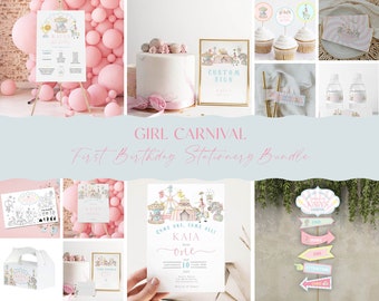 May include: A girl's first birthday party stationery bundle with a carnival theme. The bundle includes a welcome sign, invitations, cupcake toppers, water bottle labels, favor boxes, and a sign with directions to different carnival attractions. The colors are pink, blue, and yellow.