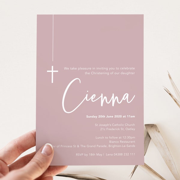 Invitación de bautismo de bautizo rosa polvoriento de niñas modernas / Invitación de bautizo de niñas / Invitación de bautismo