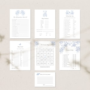 Paquete de juegos Toile de Jouy Baby shower / Juego de 6 juegos más consejos extra para nuevos padres