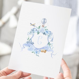 Watercolour crest transport theme Christening invitation | watercolour crest baptism invitation