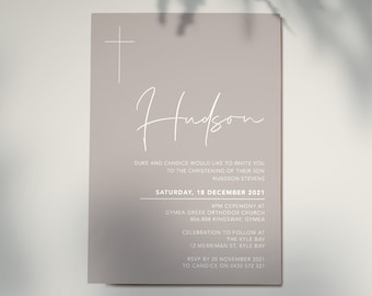 Grey Modern Christening Invitation | Baptism Invitation | Digital template