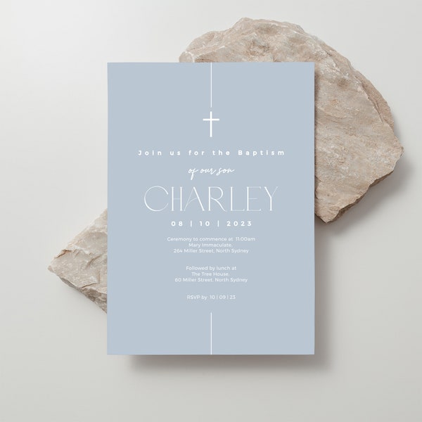 New Line Blue Christening Invitation | Modern Baptism Christening Design | Printable Template