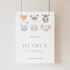 Boys First Birthday Welcome sign | Edit yourself | Animal face party sign | Printable Sign