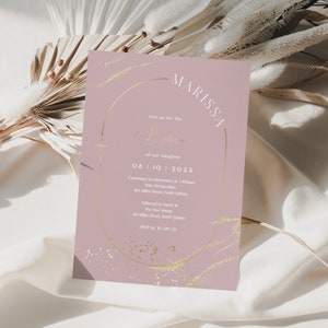 Beige and Gold Girl Christening Invitation | Gold Veins and Splatters Double Arch | Elegant Invitation | Printable Template