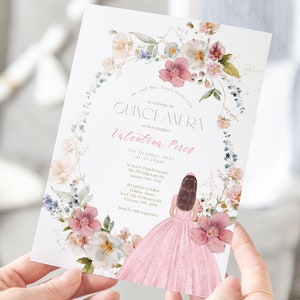 Wild Flowers Pink Quinceañera Invitation |Girls 15th Birthday | Printable Template