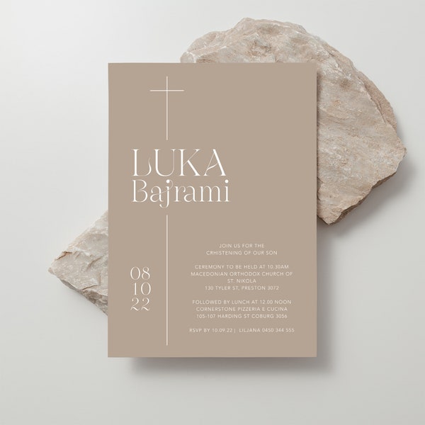 Cocoa Latte New Line Modern Christening Invitation | Beige Boys Invitation | Baptism Invitation | Baptizm Invites