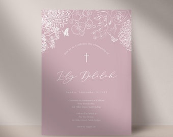 Line Blossoms Girl Christening Invitation | Dusty Pink Soft Florals | Printable Template