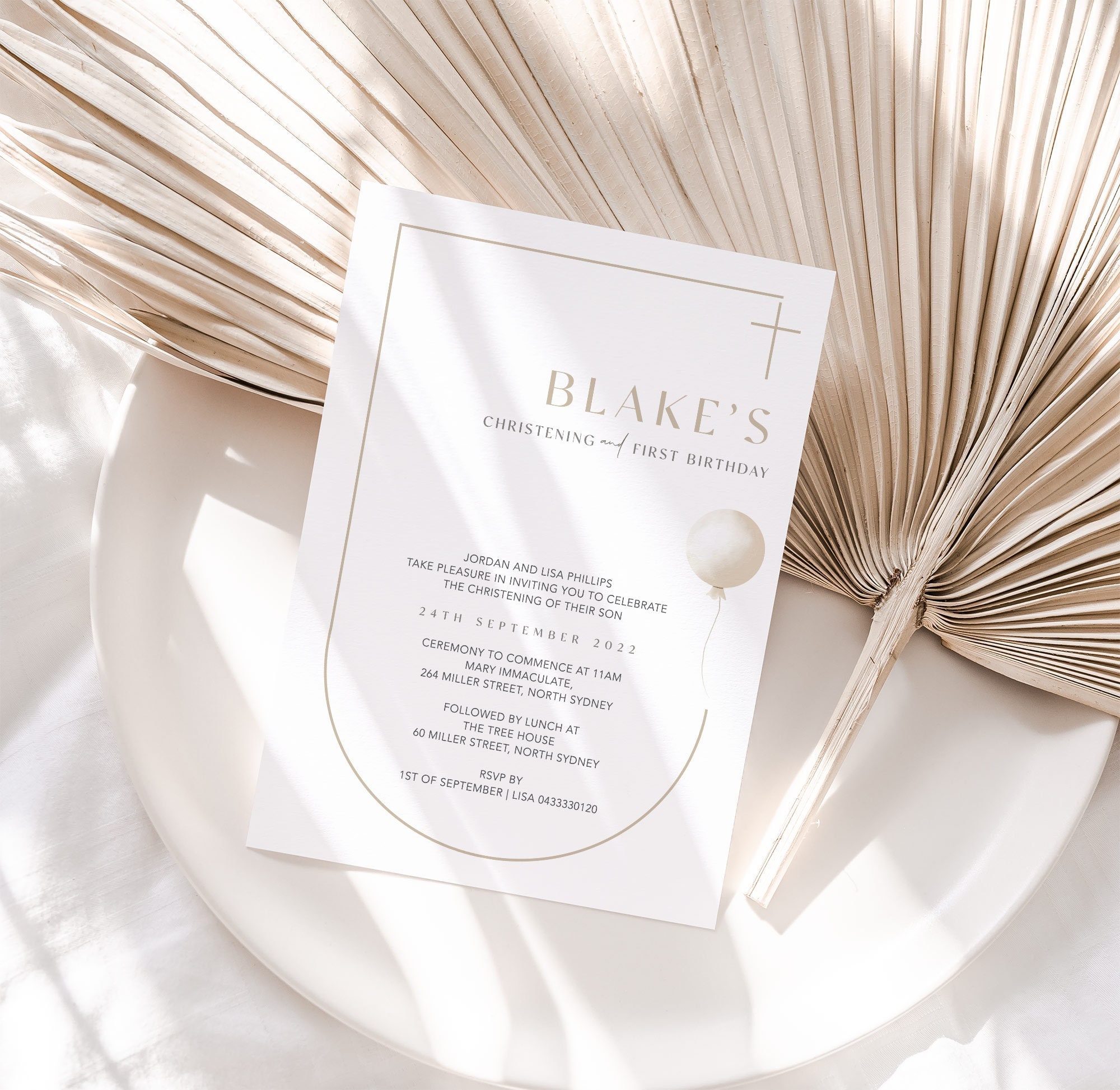 Modern Christening and First Birthday Invitation | Baptism and 1st Birthday | Arch Invitations | Printable template