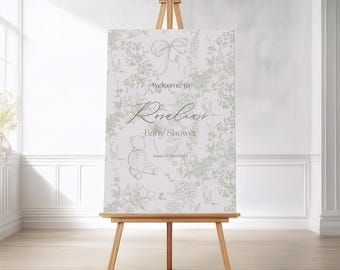 Letrero de bienvenida para baby shower con diseño de jardín de flores de Toile de Jouy, color salvia, flores azules y oso, plantilla imprimible.