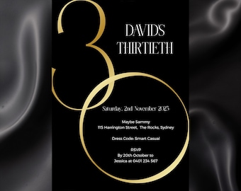 Invitación moderna para 30 cumpleaños / Negro, blanco y dorado / Plantilla editable / 13 x 18 cm o digital para teléfono