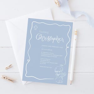Dusty Blue Little Angel Hand Drawn Christening Baptism Invitation Template | Templett Editable Digital Download