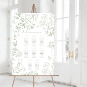 Toile de Jouy bloementuin salie babyshower stoelindeling|  Stoelindeling met blauwe bloemen, beer en strik | Afdrukbare sjabloon